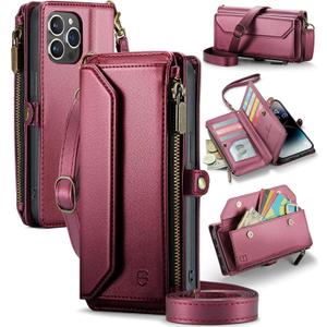 Wallet Case Compatible with iPhone 14 Pro Max RFID Blocking 10-Card Holder Soft PU Leather Magnetic Snap Shoulder Strap Zipper Pocket Phone Case Fit for iPhone 14 Pro Max - Wine Red