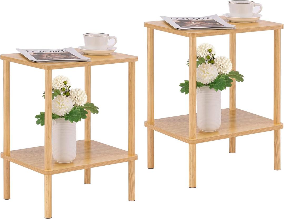 Apicizon 2 Tier End Table Set of 2, Small Side Table with Solid Wood Legs, Boho Bedside Table with Storage Shelf, Nightstand for Small Spaces, Bedroom, Living Room, Entryway, Easy Assembly, Natural