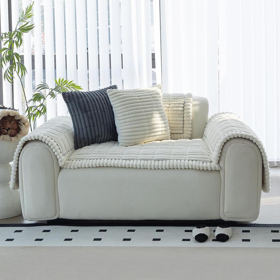 Sofa Couch Cover, Sofa Covers for Dogs Washable, Non-Slip Striped Sofa Slipcovers for Sectional Sofa, Sofa Cover Furniture Protector for L Shaped(Beige White, 27.6"x 27.6")