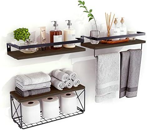 Hoiicco Floating Shelves Wall Mounted, Rustic Wood Bathroom Shelves Over Toilet with Paper Storage Basket, Wall Shelves for Wall Decor, Bedroom, Living Room, Kitchen and Washroom (3-Dark Brown)