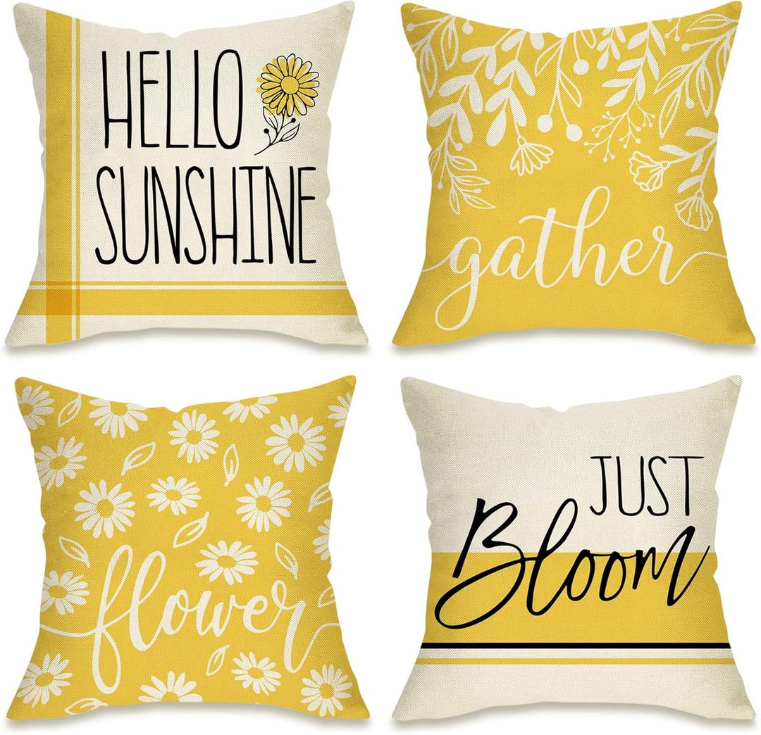 Fahrendom Hello Sunshine Decorative Throw Pillow Cover 20 x 20 Set of 4, Spring Summer Yellow Daisy Floral Flower Porch Patio Outdoor Pillowcase, Just Bloom Gather Sofa Couch Cushion Case Home Decor