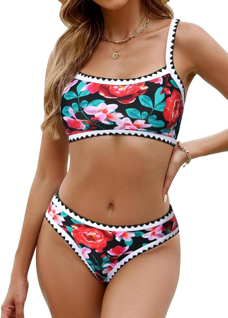 SEAFORM Women Two Piece High Waisted Bikini Set Boho Floral Print Swimsuit Tummy Control Bathing Suits Sexy Vintage Swimwear (Small, Red Flower)