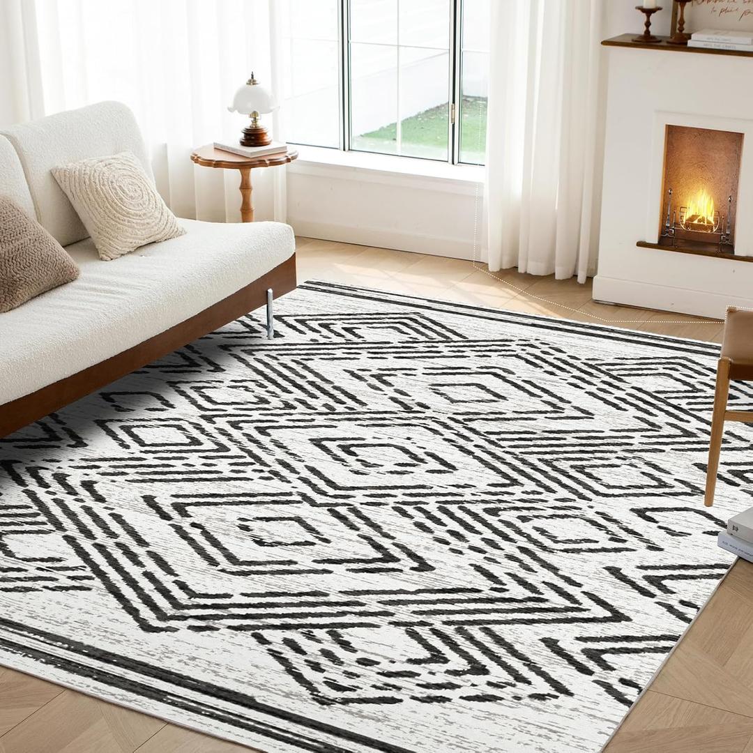 Syalife Boho Area Rug, Non Shedding 6x9 Washable Rug with Non Slip Backing, White and Black Modern Geometric Carpet, Indoor Bohemian Thin Mat for Living Room Entryway Bedroom Kitchen - White, Black