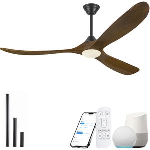 60" Outdoor Ceiling Fan with Light, Rustic Wifi Smart Ceiling Fan with Remote/APP/Alexa Control, 3 Wood Blade Propeller DC Ceiling Fans for Indoor Exterior Patios Porch Garage, Quiet Energy Efficient