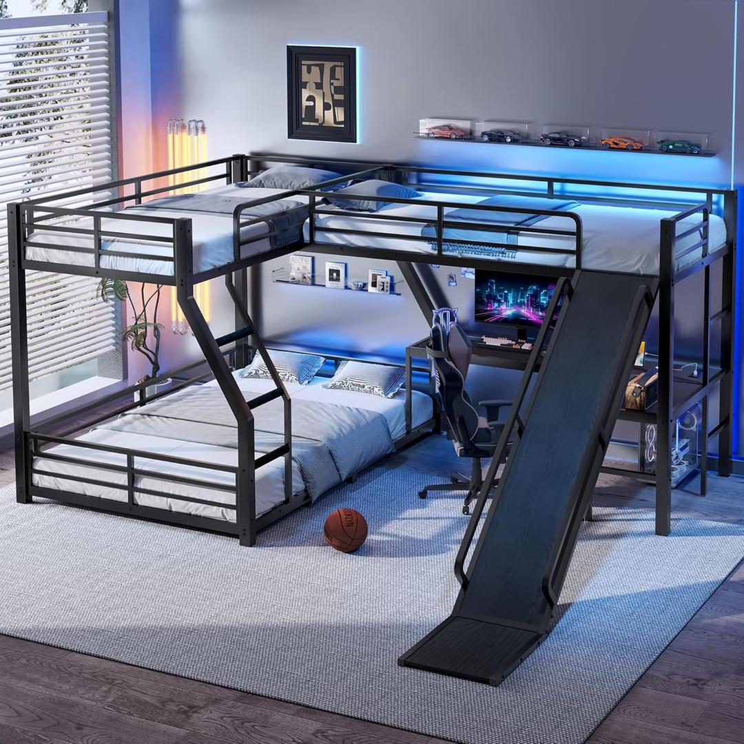 Twin Over Full Bunk Bed Frame with Twin Size Loft Beds, Heavy Duty Triple Bunk Bed with Slide, Charging Station(USB Ports & Outlets), Metal Triple Bunk Beds with L-Shaped Desk, Black