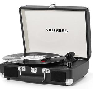 Record Player with Speakers, Bluetooth Vinyl Record Player with Recording, 3 Speed Portable Suitcase LP Player, Belt Drive Turntable, RCA/AUX/Headphone Jack, Black