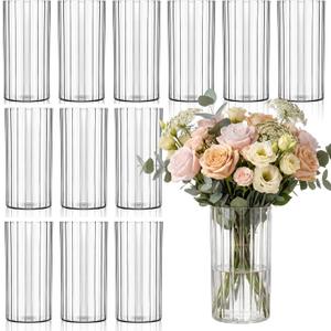 12 Pack Clear Plastic Cylinder Vases for Centerpieces, Cylinder Flower Vase Bulk for Wedding, Floating Hurricane Candle Plastic Cylinders Vase for Home Decor (8 Inch,Ribbed)