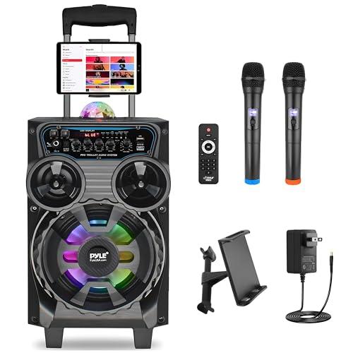 Pyle Portable Bluetooth PA Speaker - 580W 8” Rechargeable Outdoor BT Karaoke Audio System - TWS, Disco Party Lights, LED Display, FM/AUX/MP3/USB/SD, 6.5mm in, Trolley, Wheels - Wireless Mic, Remote
