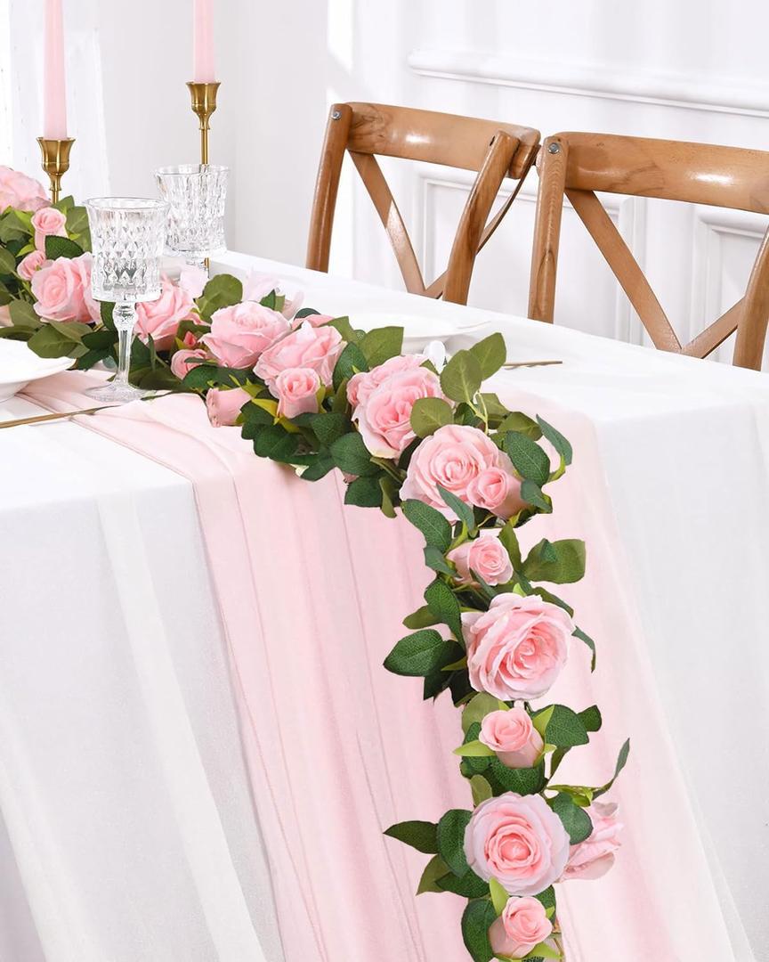 Elyum 4 Pcs Flower Garland, 26.4 Ft Pink Floral Garland Fake Flowers for Home Wedding Party Wall Garden Room Outdoor Decor