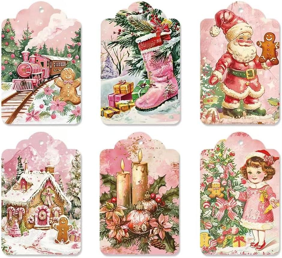 2 x 60PCS Christmas Gift Tags Pink- Hanging Tags Labels with String for Xmas Winter DIY Christmas Holiday Party Gift 6 Designs