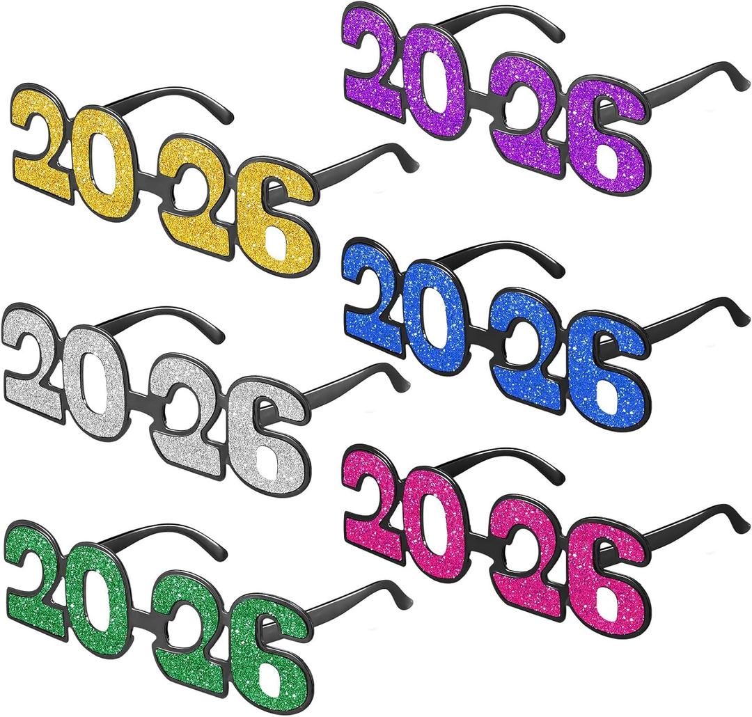 Kanayu 6 Pairs 2026 Glitter New Year Eve Glasses 2026 Number Eyeglasses Props Sunglasses for Party Supplies(Mixcolor)