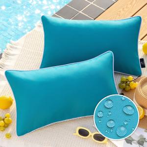 Phantoscope Pack of 2 Outdoor Waterproof Solid Throw Decorative Pillow Cover Decorative Square Outdoor Pillows Cushion Case Patio Pillows for Couch Tent Sunbrella, Teal Blue 12x20 inches 30x50 cm