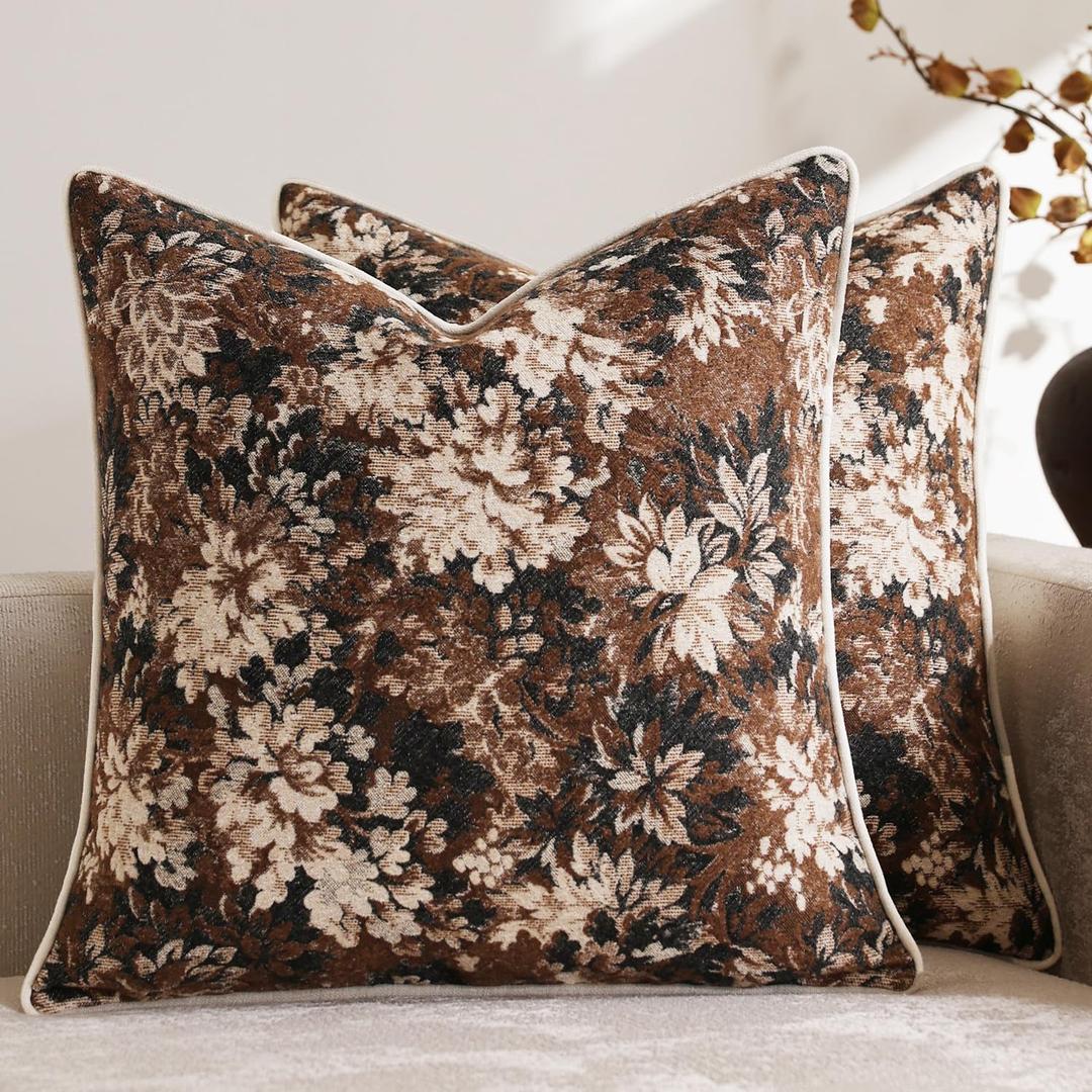 Pack of 2 Vintage Floral Throw Pillow Covers 18x18 Boho Farmhouse Accents Chenille Square Decorative Pillow Cases for Living Room Couch Bed Home Decor, Dark Brown
