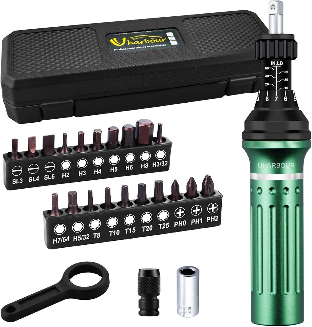 Uharbour Torque Screwdriver 10-60 in.lb, Torque Screwdriver Set with 1/4" Elastic Bit Holder, 1/4" Bit Adapter, Flat, Hex, Torx and Philips Bits, Suitable for Gunsmithing, DIY, Bicycle Maintenance