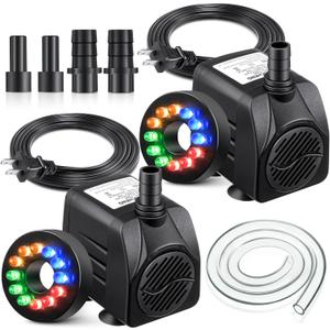 2 Pack 15 W 220GPH Submersible Fountain Pump with 12 Color LED Lights, Small Fountain Pump with 4 Spray Nozzles, Ultra Quiet Design for Outdoor Pond, Aquarium, Fish Tank
