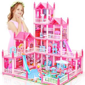 Dollhouse with 4-Story 11 Rooms, Dream Gift Princess Doll House Playset with Furniture Pool Slide, Pink Toddler Toy House for 3 4 5 6 7 8 9 10 Year Old Girls