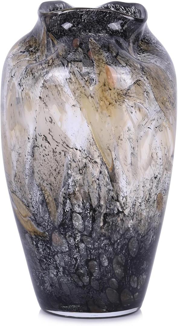 Murano Style Glass Vase, Hand Blown Decorative Art Vase with Ruffled Opening for Flowers, Shelf Tabletop Mantel Display, Abstract Home Decor for Living Room Bedroom
