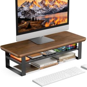 NestNeat Dual Monitor Stand, 35.4 Inch Monitor Stand Riser for 2 Monitors, 2 Tiers Wood Desk Shelf with Storage, Desktop Organizer Stand for Computer, Laptop, Printer, TV