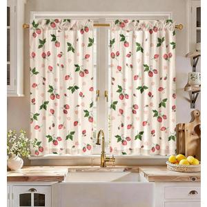 Miss Adola Farmhouse Kitchen Curtains - 45 Inch Length Linen Blend Strawberry Kitchen Window Tier Curtains Cafe Drapes Rod Pocket for Windows Light Filtering, 2 Panels