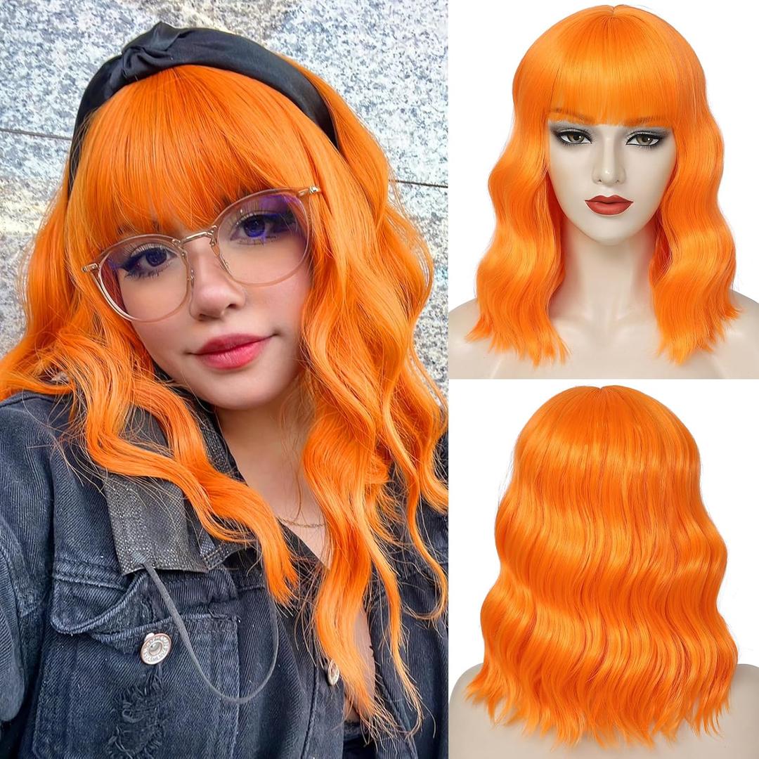 BEELU Bob Wig with Bangs Orange Short Wavy Wig for Women Loose Wavy Shoulder Length Colorful Synthetic Wig for Girl Cosplay Costume Wigs