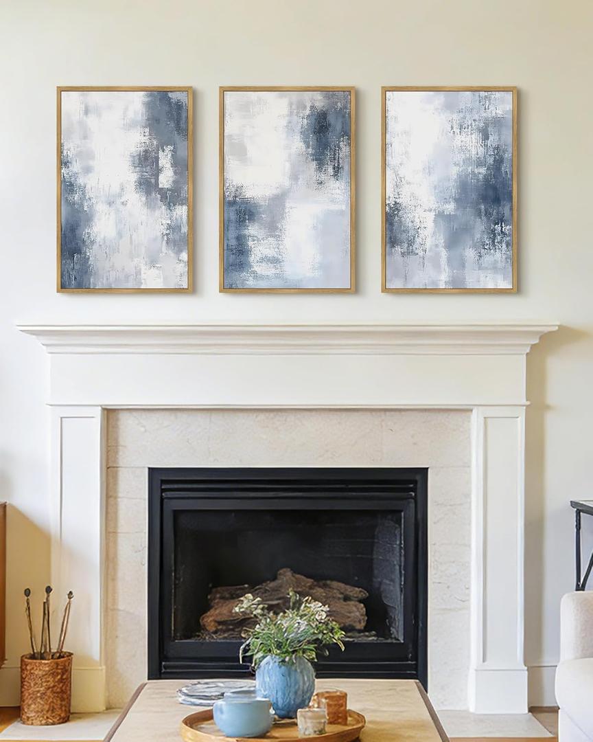 KUVIOKE Navy Blue and Gray Abstract Framed Canvas Wall Art Brush Strokes Block Shape Pastel Wall Decor Modern Minimalist Art Painting Home Decor 16x24in (Natural Framed)