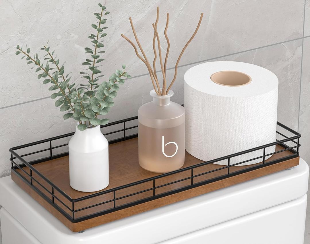 Toilet Paper Basket Organizer Oak Wood Toilet Tank Tray with Metal Frame, Bathroom Counter Top Storage for Toilet Paper, Wipes & Decor, Modern Narrow Back of Tank Shelf Organizer, Black & Brown