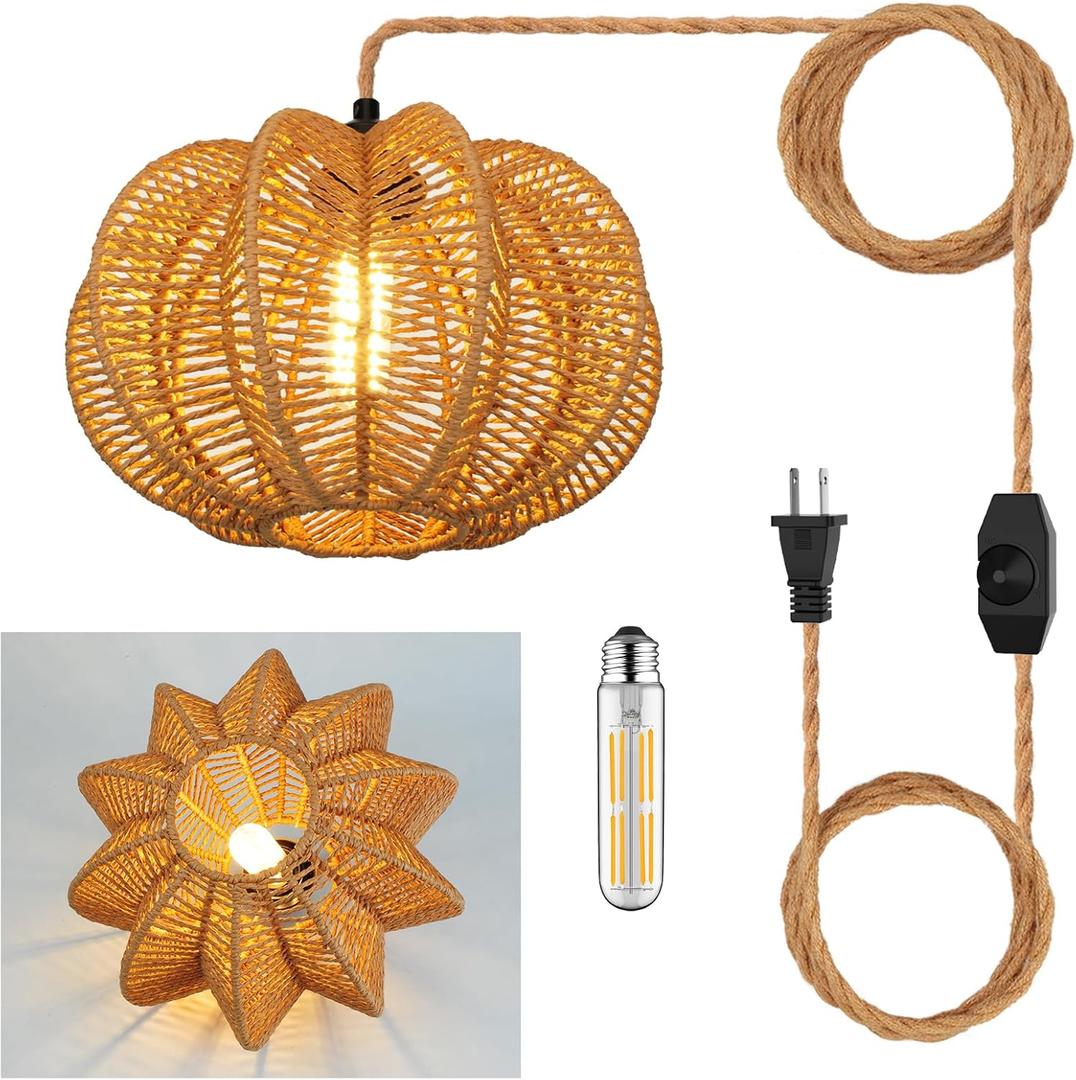 Plug in Pendant Light Rattan Hanging Lights with Plug in Cord 15FT Hemp Rope Cord, Dimmable Switch  Indoor Hanging Lamps for Boho Living Room BedroomBulb Included 11 x 7 inch (Cactus Shaped(Dimmable))
