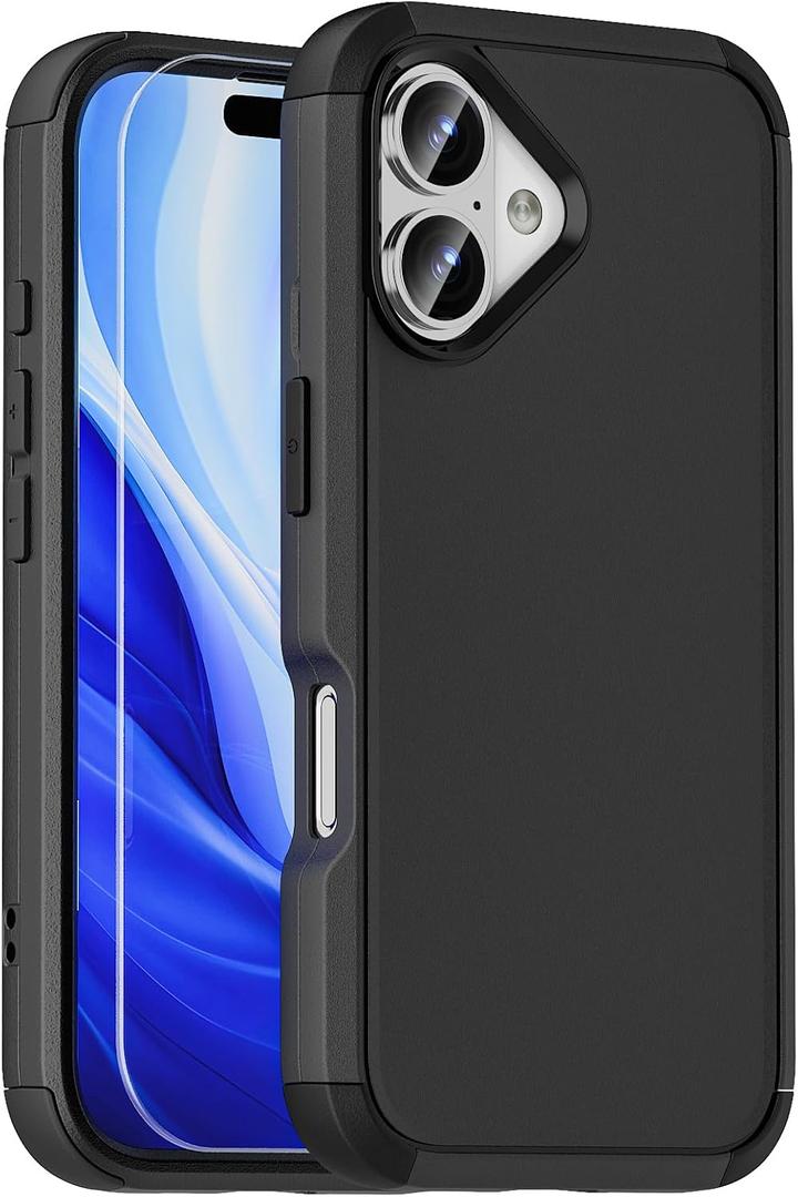 X-belmox Phone Case for iPhone 16 6.1 inch, 3-Layer for iPhone 16 Protective Case & Screen Protector, Heavy Duty Protection Rugged Cover for Apple 16 Shockproof, [Drop Proof] Durable 16 Cover - Black