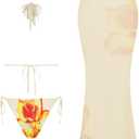 ZAFUL Women's 3 Piece Floral Swimsuit Draped Neck Halter Bikini Tie Side Bathing Suit with Sheer Cover Up Skirt (Beige, L)