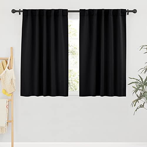 RYB HOME Short Bedroom Blackout Curtains - Small Window Treatment Set Energy Saving Thermal Insulated Drapes for Living Room/Nursery/Kitchen, 42-inch Wide x 45-inch Long, Black, 1 Panels
