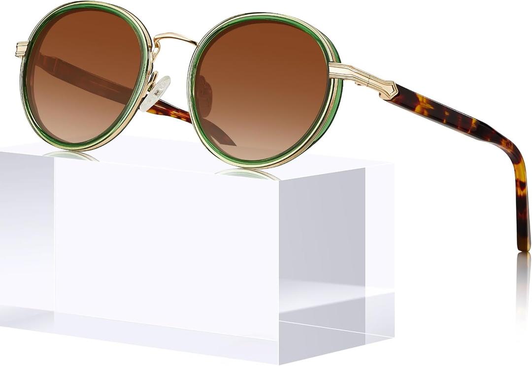 CARFIA Acetate-Metal Frame Round Sunglasses for Women Polarized UV Protection Stylish Designer Eyewear CA1951 (1.translucent Green Frame + Gradual Brown Lens)