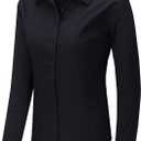 Women's Slim-Fit Button Down Shirts Stretchy Cotton Long Sleeve Work Blouse (Black, XS)