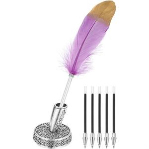 PATIKIL Purple Gold Feather Ballpoint Pens Bulk, Metal Holder Black Ink Vintage Quill Writing Pens with 5 Pieces Refill for Office, Wedding Signature, Silver