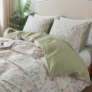 HoneiLife Floral Duvet Cover Queen - 100% Cotton Comforter Cover, Botanical Bedlinen Set for Queen Beds, 3-Piece Wildflower Comforter Cover Sets