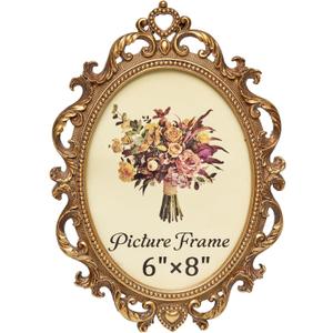 JANDERART Vintage Oval Picture Frame 6x8 Inch, Antique Ornate Photo Frames with Glass Front, Scroll Design, Tabletop & Wall Hanging, Photo Display, Gift Ideas, Gold