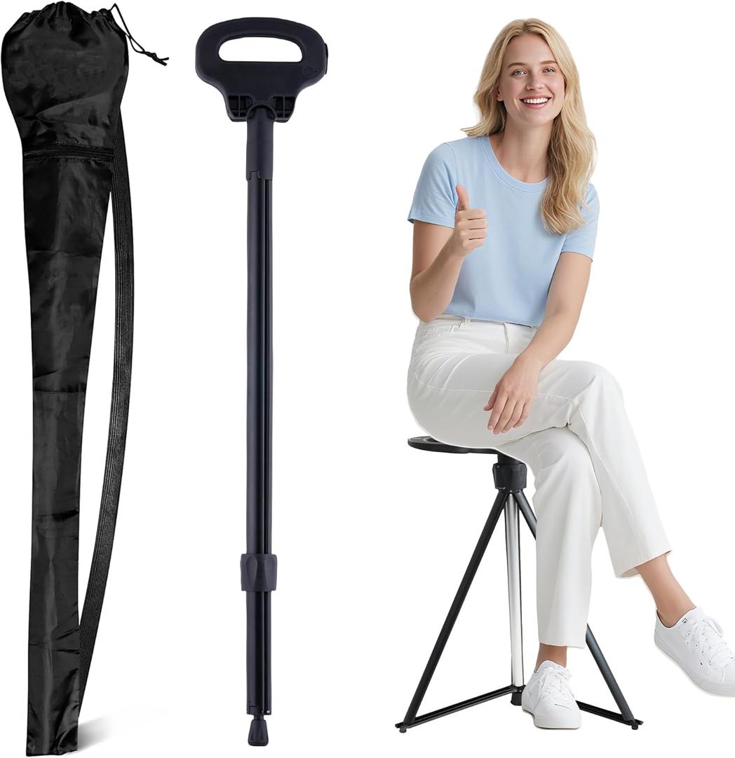 ALEVMOOM Walking Cane with Seat Folding Lightweight, 2-in-1 Cane Stool for Adults, Aluminum Walking Stick with Seat, Portable Stool for Senior, with Carry Bag (Black)