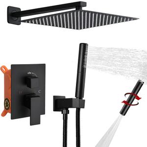 BESy Shower System with 12 Inch Rain Shower Head and Handheld Wall Mounted, High Pressure Rainfall Shower Faucet Fixture Combo Set with 2 in 1 Handheld Showerhead for Bathroom, Matte Black