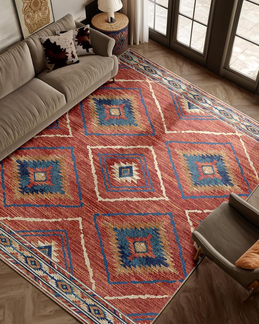 Area Rug 8x10 Rug Machine Washable Non-Slip Low Pile Print Pattern Western Rug for Living Room Bedroom Entryway-Red/Orange (8' x 10' (Rectangular))