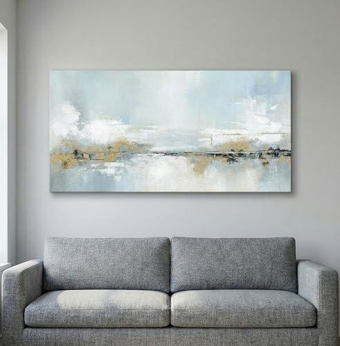 SENROLAN 24x48 Blue Beige Abstract Wall Art for Living Room, Large Horizontal Canvas Wall Art, Modern Neutral Minimalist Wall Decor with Soft Gold Accents, Ready to Hang