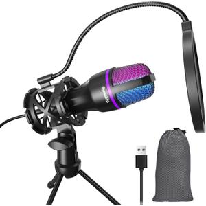 Gaming USB Microphone for PC - Beginner Online Chat Condenser Mic, RGB Computer Mic with Tripod, Pop Filter, for Streaming Podcast, Conference Call, PS4/5 PC Gamer YouTube and Skype