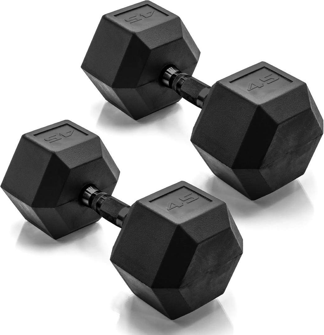 CAP Rubber Coated Dumbbell Weights, Free Weights for Home Gym Strength Training, Anti-Roll Hex Dumbbells with Black, Chrome & Comfort Grip Handles, Pairs & Sets, Style: Black Handle, Size: 45 lb - Pair