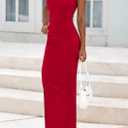 PRETTYGARDEN Women's Summer Wedding Guest Dresses 2025 Sleeveless Ruched Bodycon Fitted Maxi Long Cocktail Dress with Slit (Red)