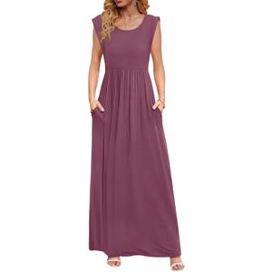 DB MOON Womens 2026 Maxi Dresses Empire Waist Long Summer Dress Casual Cap Short Sleeve Sundress with Pockets (Purple, M)