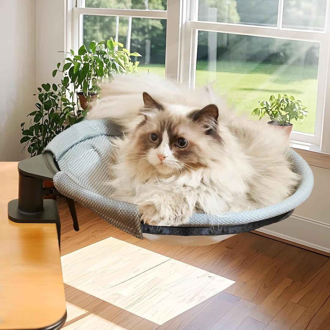 CATISM Cat Desk Bed Rotatable - Desk Bed for Cats - 360 Rotation with 2 Different Washable Cat Bed Mat 14.96" L x 14.17" W, Pet Hammock Comfortable Soft Pet Nest Bed for Home Office(Round)