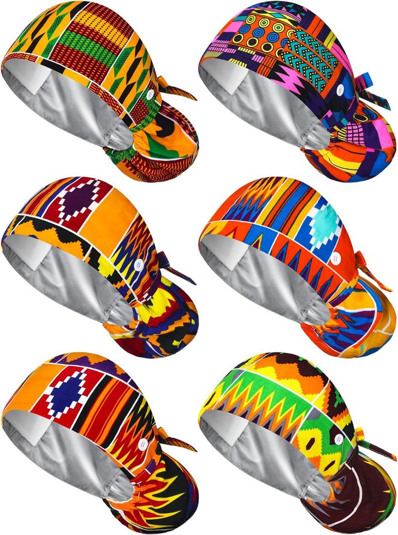 6 Pcs Satin Lined Scrub Caps Women Nurse Surgical Hat with Buttons Ponytail Working Adjustable Shower Caps Tie Back