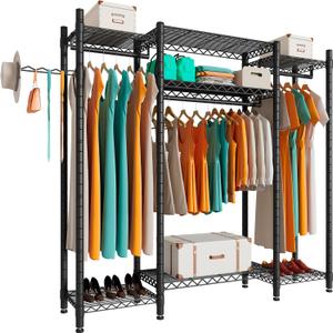 PUNION Heavy Duty L Shaped Clothes Rack with 7 Shelves, Sturdy Metal Wardrobe Closet Rack for Hanging Clothes, 56" L x 14" W x 71" H, Max Load 520lbs, Black