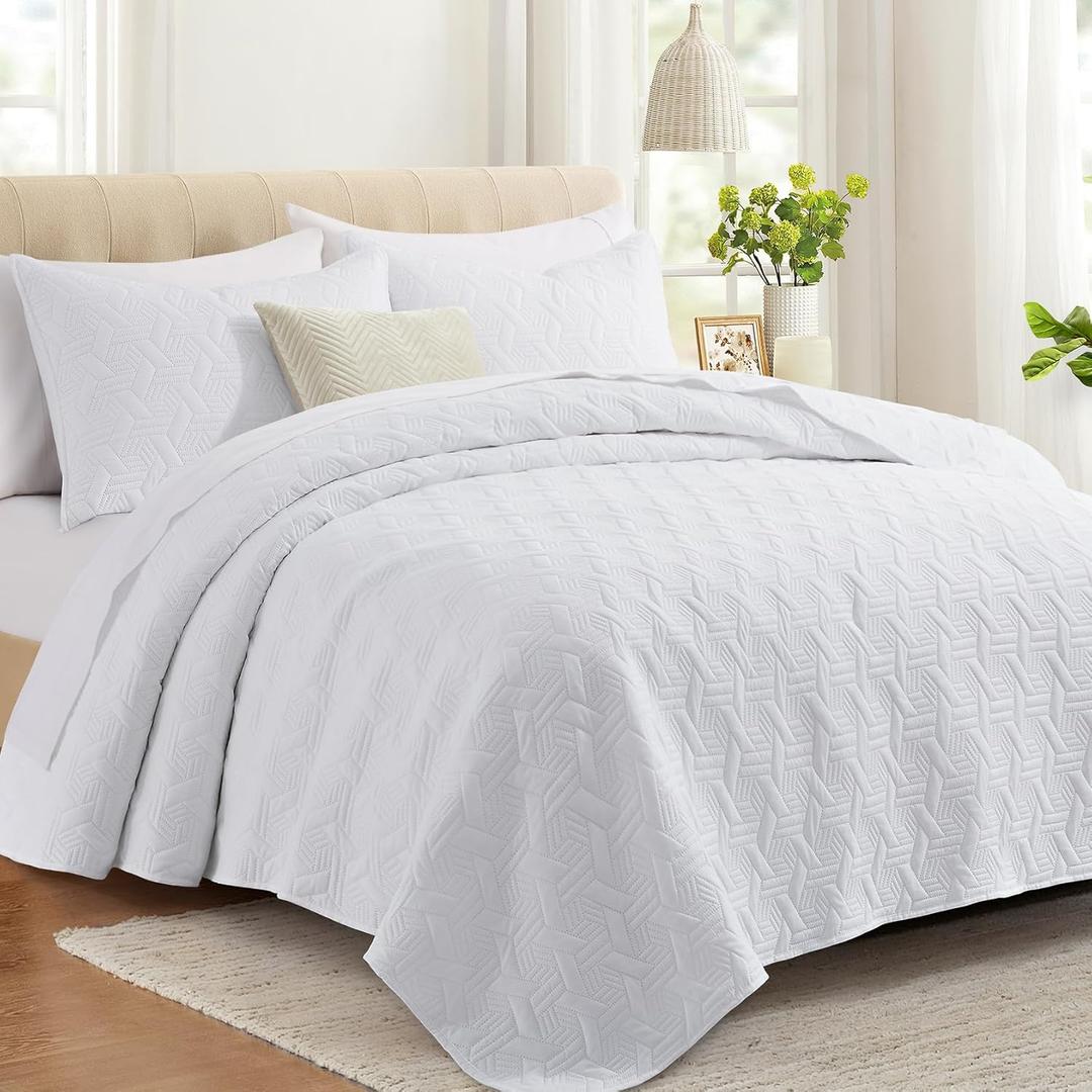 Lavsiry White Queen Size Quilt Bedding Set with Pillow Shams, Summer Lightweight Bedspread Coverlet, Soft Quilted Blanket Thin Comforter for All Seasons, Bright White, Full/Queen(90"x96")