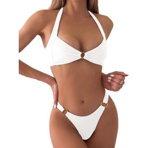 SKAYS Women's Sexy Two Piece Bikini Sets Triangle Swimsuits Ribbed Halter Ring Stylish High Cut Thong Swimwear Bathing (Medium, White)