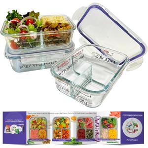 Portion Perfection Portion Control Containers - Glass Oven Ready, Freezer Safe Meal Prep Containers Reusable for Food 3pk, 3 Compartment with Lids, Practical Weight Control Products