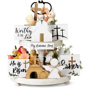 Glenmal 9 Pcs Easter Tiered Tray Decor Religious Easter Decorations He is Risen Cross Tray Decoration Sets Christian Cross Table Wooden Sign Farmhouse Table Decor for Home Kitchen Office Holiday